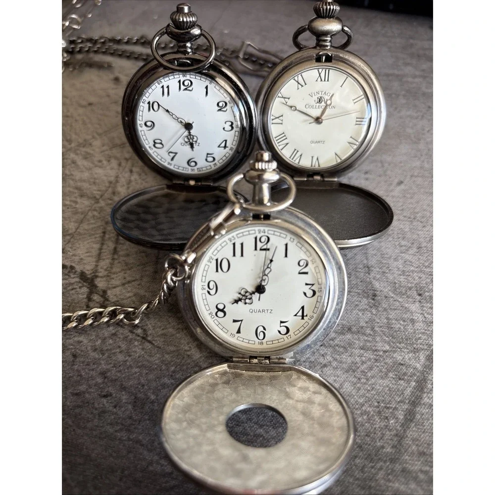 Vintage New York Silver Toned Pocket Watch Bundle with Chain 3 Piece Quartz Set